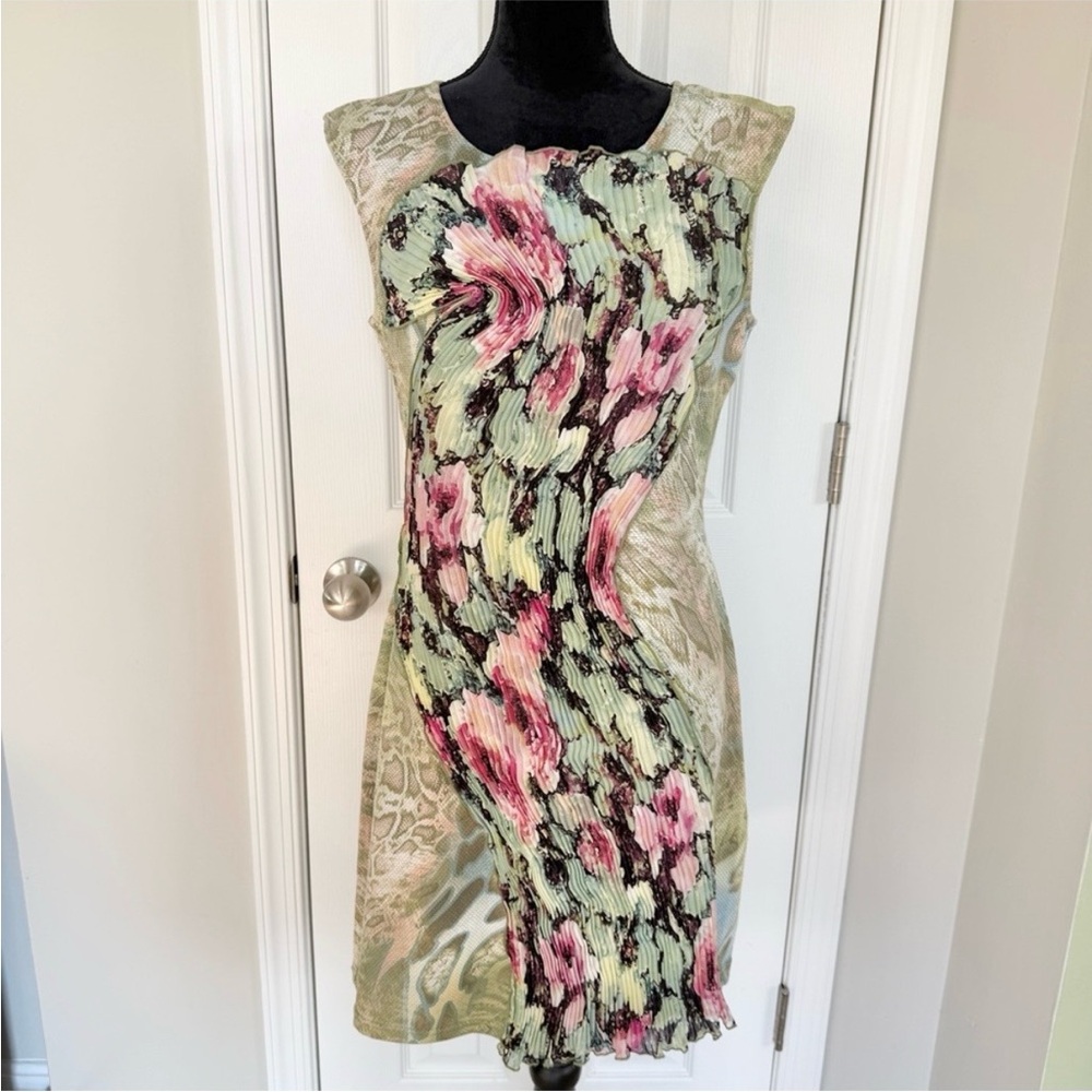 Samuel Dong Green Pink Floral Animal Print Pleated Fanned Y2k Dress Large